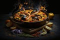 Hot spicy Paella, national Spanish dish of rice and seafood in frying pan.