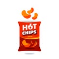 Hot spicy snack chips bag plastic packaging design illustration icon for food and beverage business, potato snack branding element Royalty Free Stock Photo