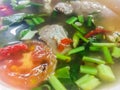 Hot and spicy soup with pork ribs, Thai style food. Tom yum pork cartilage soup with tomato and onion leaf.