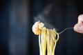 Hot and spicy spaghetti with shrimp and fork over black background