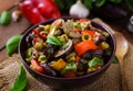 Hot spicy stew eggplant, sweet pepper, olives and capers. Royalty Free Stock Photo