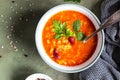 Hot and spicy, thick lentil and red bean soup with canned tomatoes and coriander. Concrete background. Top view