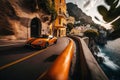 Fancy expensive sports car racing around curves in the town of Positano