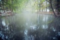 Hot Spring, Blurred photo of morning fog over a lake in cold autumn weather in half moon san luis potosi