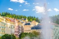 Hot spring geyser Vridlo at Karlovy Vary Carlsbad historical city centre, colorful beautiful buildings Royalty Free Stock Photo