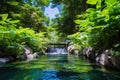 hot spring with plants thriving in warm waters