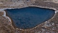 Hot spring with pool of clear, blue thermal water in Geysir in geothermal area Haukadalur, Golden Circle, Iceland in winter. Royalty Free Stock Photo