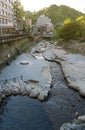 Hot spring stream flowing pass town centre of Arima Onsen in Kita-ku, Kobe, Japan. Royalty Free Stock Photo