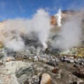 Hot springs, fumaroles in thermal field in crater active volcano