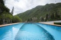 Hot springs geothermal water in mountains. Vat with hot geothermal water in Medeo gorge, Gorelnik hot spring , Almaty, Kazakhstan