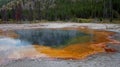 Hot steam rising off Emerald Pool hot spring in the Black Sand Geyser Basin in Yellowstone National Park in Wyoming USA Royalty Free Stock Photo