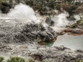 Hot steam and silica deposits at Whakarewarewa geothermal area on the North Island of New Zealand