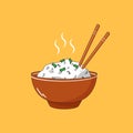 Hot steamed rice in brown bowl with chopsticks isolated on white background. Vector cartoon illustration for menu, icons Royalty Free Stock Photo
