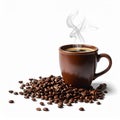 Hot Steaming Coffee in Brown Mug with Heap of Roasted Coffee Beans Royalty Free Stock Photo
