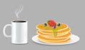 Hot steaming coffee mug and fresh pancakes stack on plate