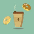 Hot steamy takeaway coffee with chocolate and caramel glazed donuts. Brown paper cup