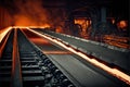 Hot steel on conveyor in steel mill metallurgical industry machine Royalty Free Stock Photo