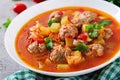 Hot stew tomato soup with meatballs and vegetables Royalty Free Stock Photo