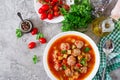 Hot stew tomato soup with meatballs and vegetables Royalty Free Stock Photo