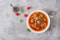 Hot stew tomato soup with meatballs and vegetables Royalty Free Stock Photo