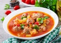 Hot stew tomato soup with meatballs and vegetables Royalty Free Stock Photo