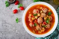 Hot stew tomato soup with meatballs and vegetables Royalty Free Stock Photo