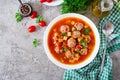 Hot stew tomato soup with meatballs and vegetables Royalty Free Stock Photo