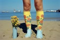 Hot Summer beach with legs and cute colorful girly flower printed motif plastic boots - generative AI