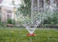 Hot summer day. The fountain waters the green grass on the lawn