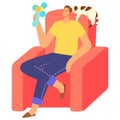 Hot summer, man hold hand fan at home, vector illustration. Cartoon person at heat house design, boy character cooling