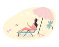 Hot summer outdoor recreation on sand beach. Woman sunbathing and read news. Vector illustration summer time vacation