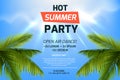 Hot summer party invitation concept. Text on tropic background. Blue sky and palm leaves. Open air illustration