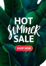 Hot Summer Sale Banner Design. Hand Drawn Text on Tropical Bg with Banana Tree Leaves. Vector Advertising Illustration. Royalty Free Stock Photo