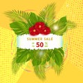 Hot summer sale banner template with 50% off discount text for online promotion. Poster with palm leaves. Royalty Free Stock Photo