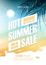 Hot Summer Sale poster. Summertime special offer banner with brush stroke, sun and palm leaves for business. Royalty Free Stock Photo