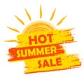 Hot summer sale with sun sign, yellow and orange drawn label