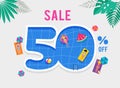 Hot Summer Sale. Vector template with top view on the swimming pool. Background and banner with miniature people Royalty Free Stock Photo