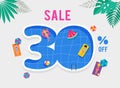 Hot Summer Sale. Vector template with top view on the swimming pool. Background and banner with miniature people Royalty Free Stock Photo