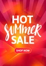 Hot Summer Sale Vertical Banner Design. Hand Drawn Text on Bright Colorful Background. Vector Advertising Illustration