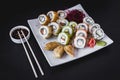 Hot sushi rolls table with gyoza