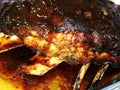 Hot tasty barbecue, shashlik, kebab, skewer close up. Royalty Free Stock Photo