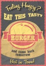 Hot, tasty, delicious burger. Promotional retro poster design with Vintage style hamburger sign Royalty Free Stock Photo