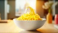 Hot tasty noodle with horse toy. Kid food. Pasta with steam on table on blurred interior background