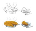 Hot tasty pie and a piece of pie on a plate. Vector marker drawings. Coloring book and color sketch