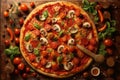 Hot tasty traditional pepperoni italian pizza with salami, olives, cheese, tomatoes, basil and mushrooms on wooden table decorated Royalty Free Stock Photo