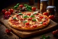 Hot tasty traditional pepperoni italian pizza with salami, olives, cheese, tomatoes and basil on wooden table decorated with Royalty Free Stock Photo