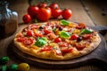 Hot tasty traditional pepperoni italian pizza with salami, olives, cheese, tomatoes and basil on wooden table decorated with Royalty Free Stock Photo