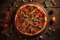 Hot tasty traditional pepperoni italian pizza with salami, olives, cheese, tomatoes and basil on wooden table decorated with Royalty Free Stock Photo