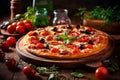 Hot tasty traditional pepperoni italian pizza with salami, olives, cheese, tomatoes and basil on wooden table decorated with Royalty Free Stock Photo