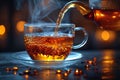 hot tea being poured into a glass cup, in the style of selective focus, large canvas format, natural. Generative AI Royalty Free Stock Photo